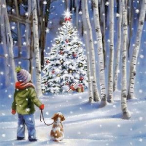 Иллюстрация Мальчик с собакой в лесу елка - салфетка 33х33 см