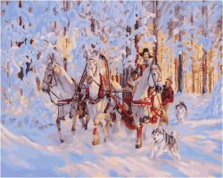 Иллюстрация Картина по номерам 40х50 см/ Гармонист на тройке лошадей