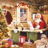 Иллюстрация Санта дети в окне костюм на вешалке - салфетка 33х33 см